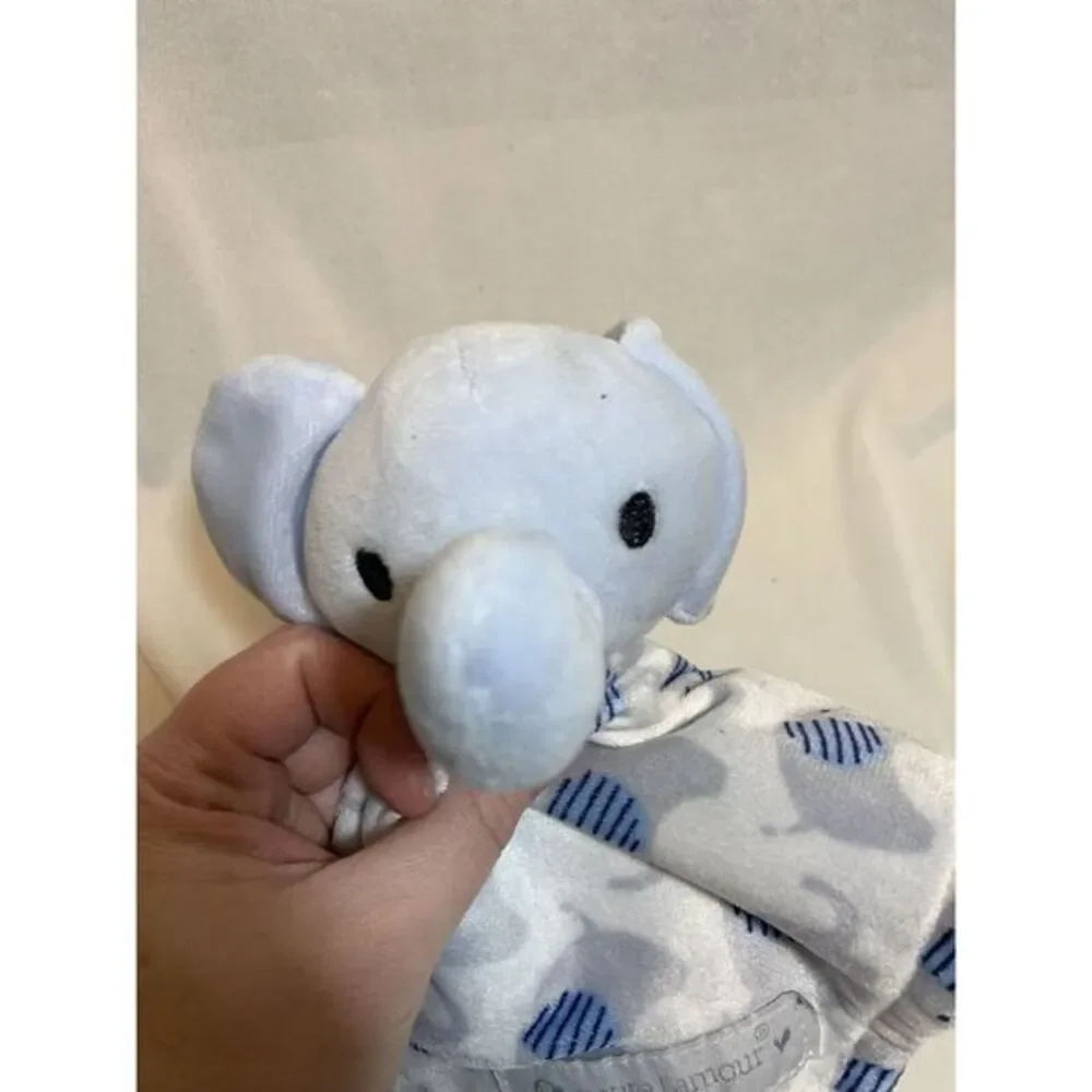 Petite L'Amour Blue White Gray Elephant Plush Security Blanket Lovey‎ Lovie Grey